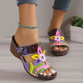 Ethnic cool girl coloured slope totem slippers in cowhide and rubber sole, shown in multiple colours.