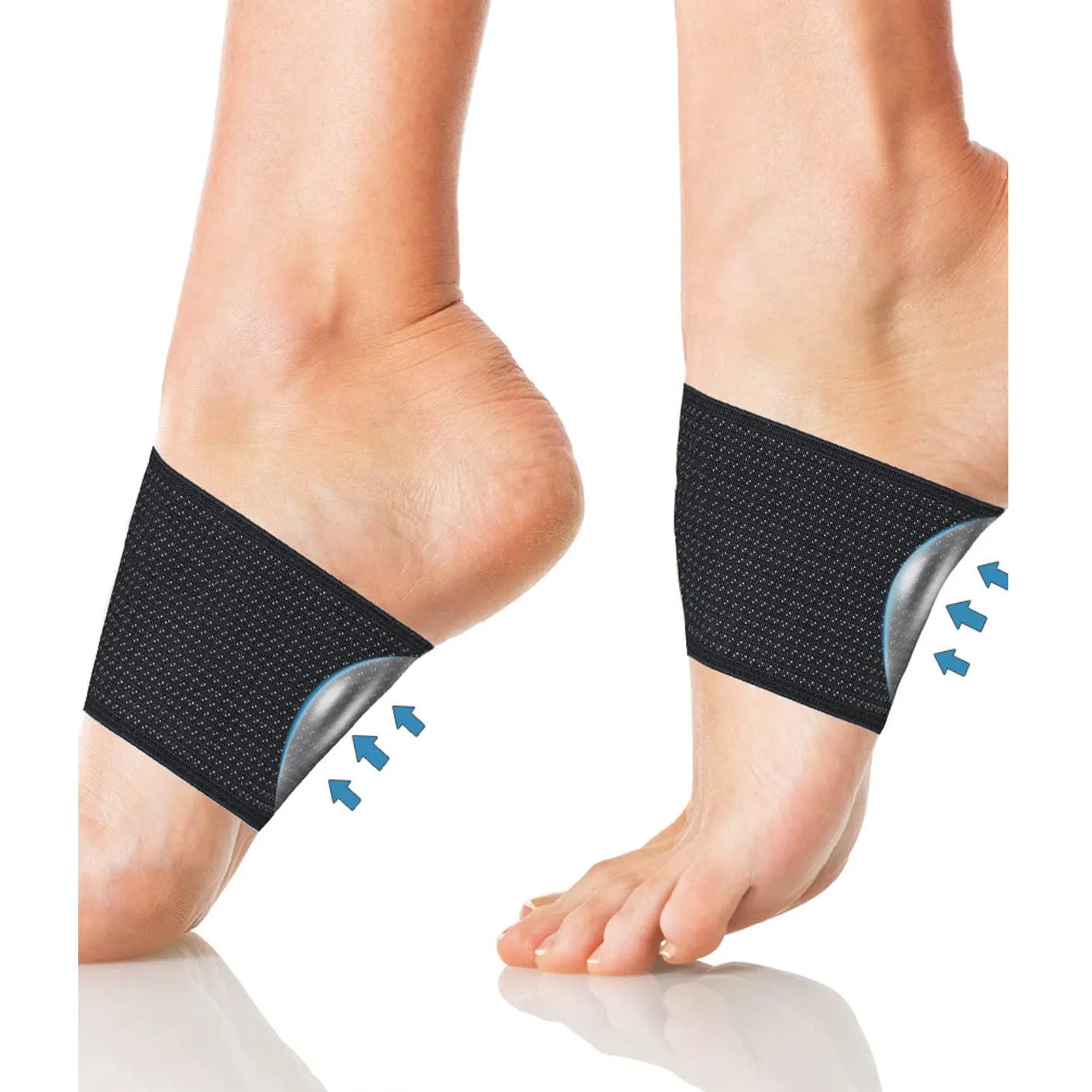 A pair of elastic PU arch support foot bandages, shown in heart style design for flat feet.
