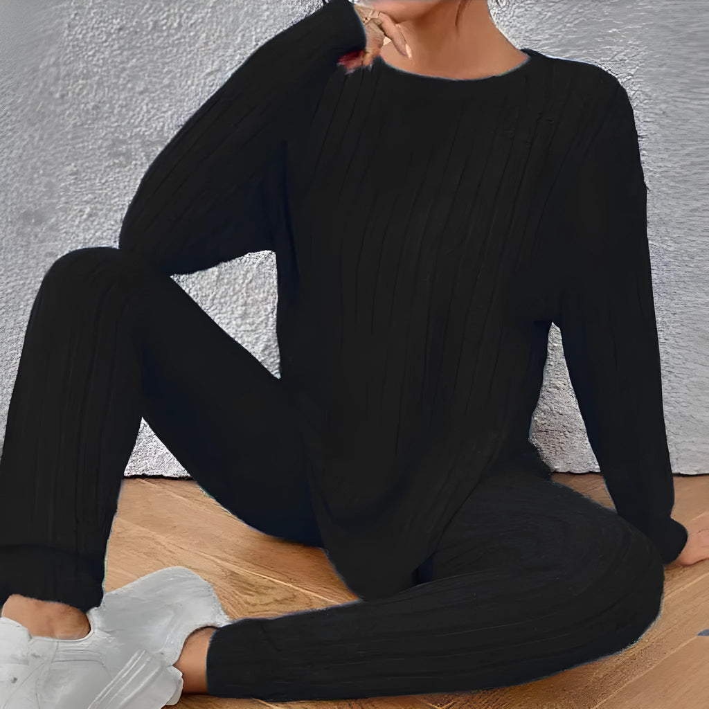 Black and blue sunken stripe casual two-piece polyester homewear set with top and pants.