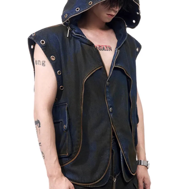Korean style blue hooded denim vest coat and trousers set with heavy industry deconstructs design