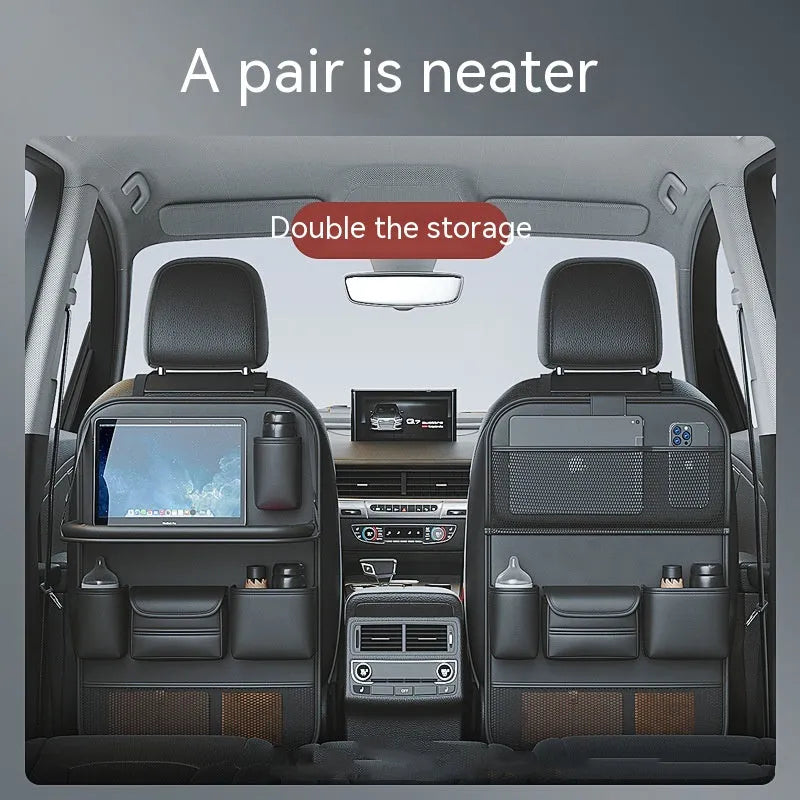 Genuine leather car seat organiser bag with a fold-out table in black, brown, grey, or green.