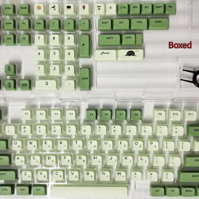 124-key Matcha green PBT keycap set for a mechanical keyboard, showing multiple language layout options.