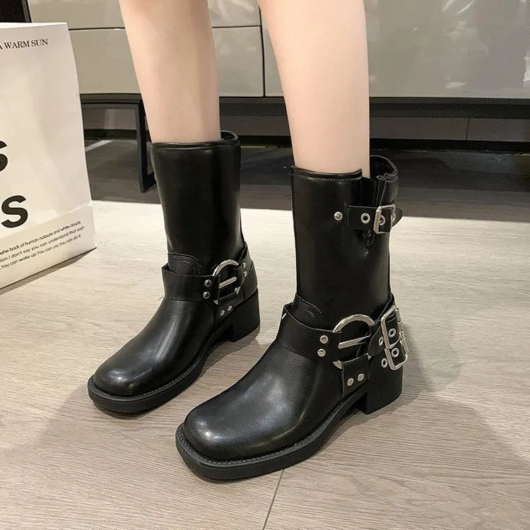 British style women's platform boots with belt buckle detail in middle-calf length