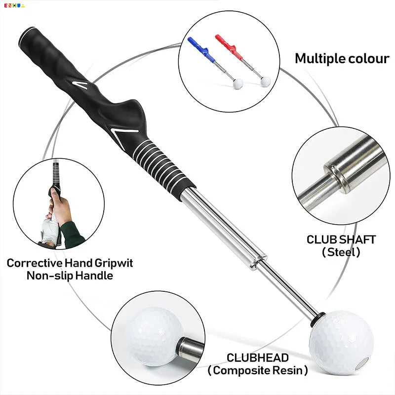 Telescopic golf swing trainer in stainless steel, shown extended for use