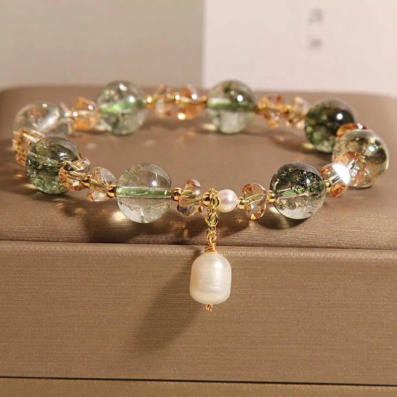 Women's green phantom quartz crystal bracelet with champagne crystals and pearl accents in Japanese-Korean style