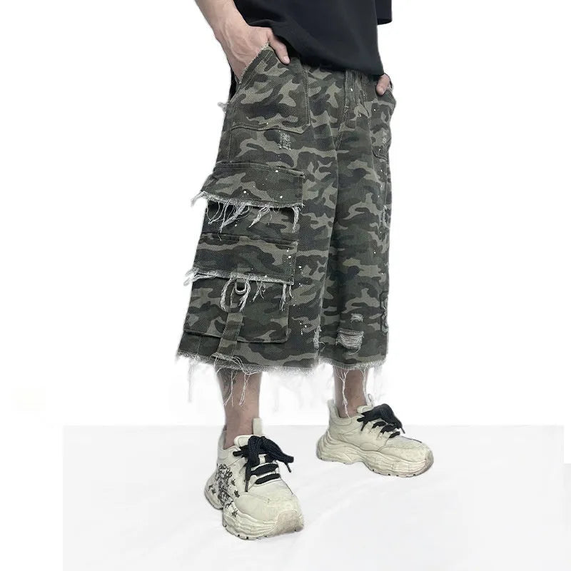 Camouflage cotton wide leg shorts with micro elastic waist in summer style