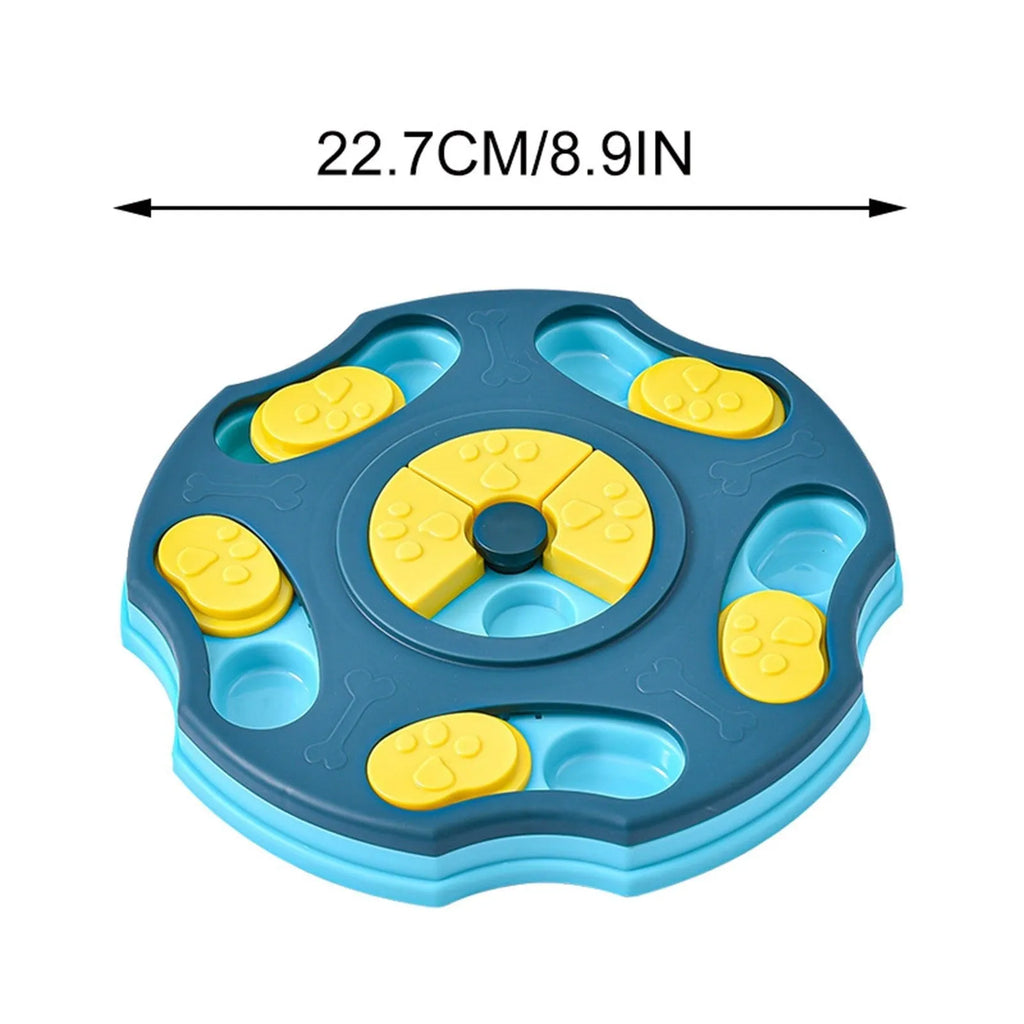 Blue plastic dog puzzle feeder toy with interactive food searching compartments for aggressive chewers