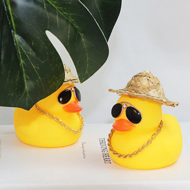Cartoon straw hat yellow duck car ornament with matte finish, includes base glue and sunglasses necklace