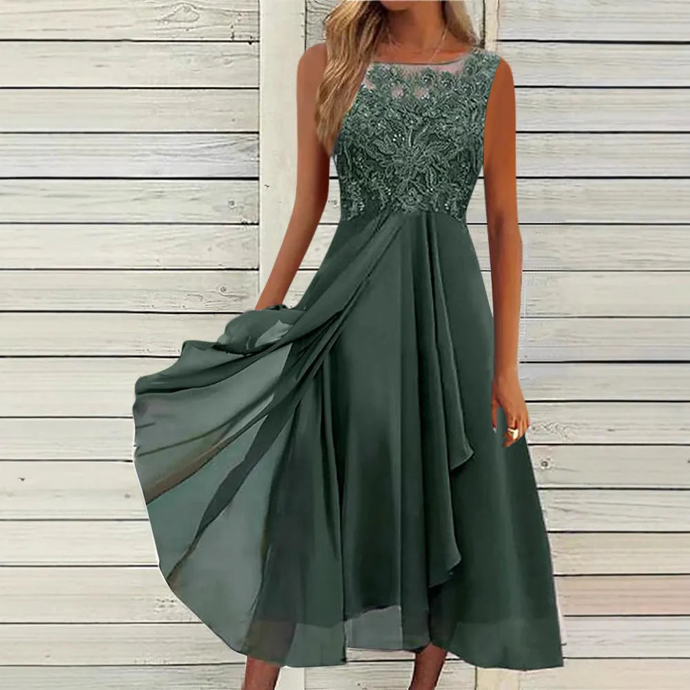 Women's sleeveless chiffon dress with lace hollow-out stitching in blue, green, or purple.