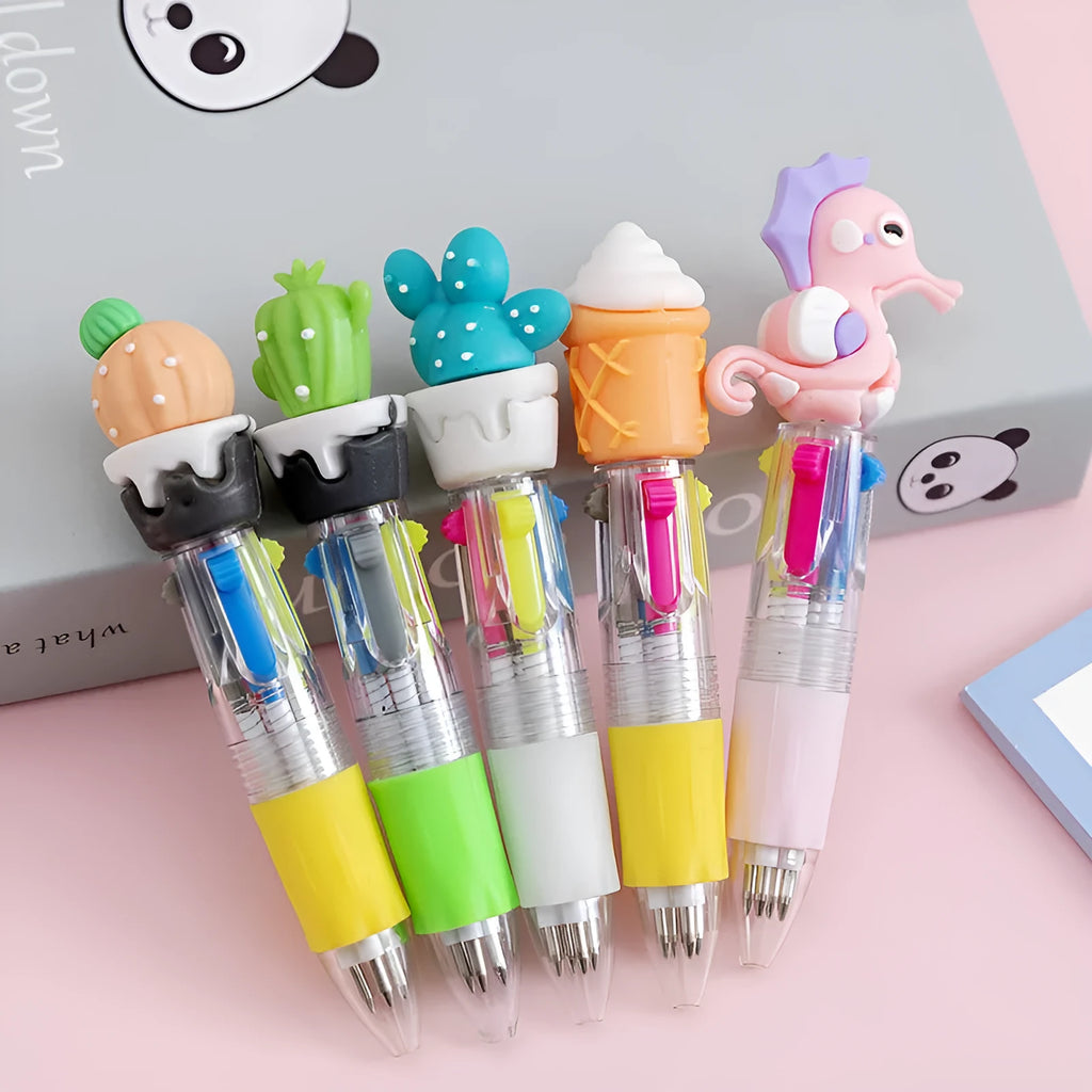 Cartoon themed 4-colour press ballpoint pen with plastic and silicone construction