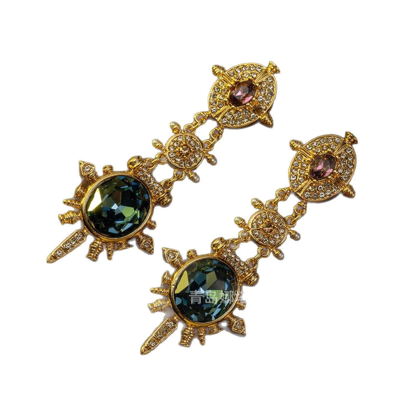 A pair of gold retro-style stud earrings with a geometry shape and round design elements.