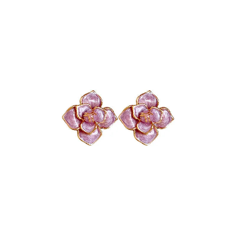 Gold plated copper flower stud earrings with purple oil-spot glaze finish and floral shape design