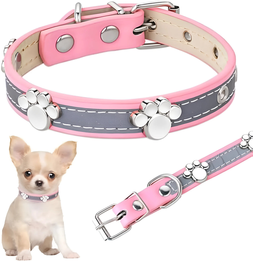 Reflective adjustable PU leather dog collar with metal buckle and paw rivet in multiple sizes.