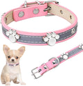 Reflective adjustable PU leather dog collar with metal buckle and paw rivet in multiple sizes.