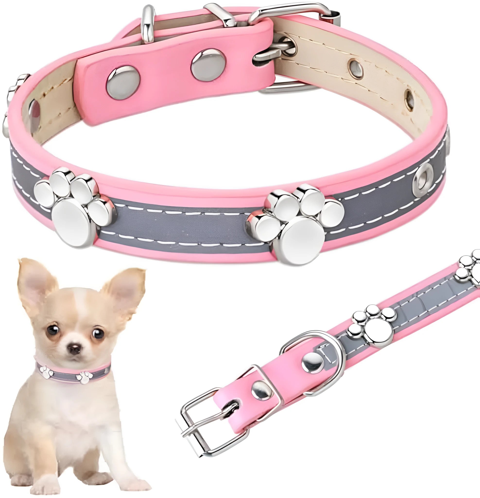 Reflective adjustable PU leather dog collar with metal buckle and paw rivet in multiple sizes.