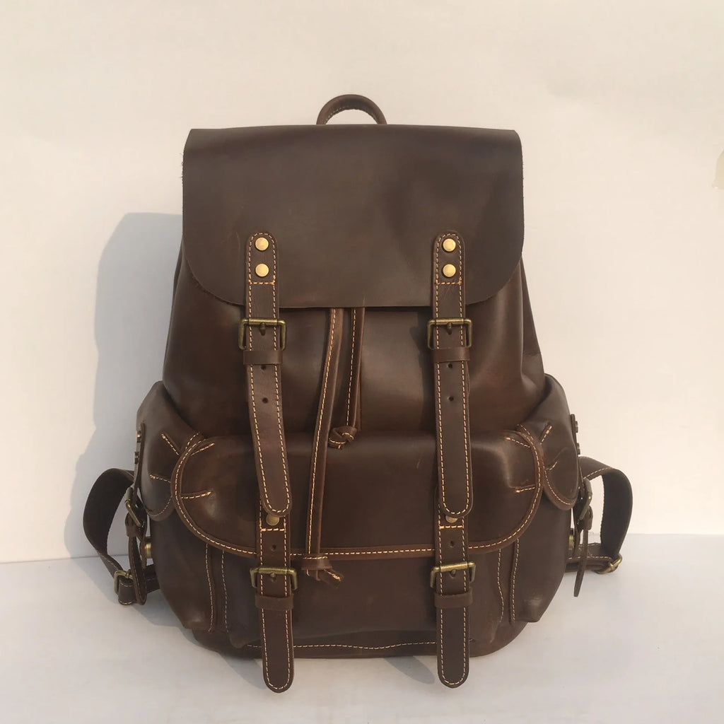 Brown genuine leather men's backpack with air pillow belt system
