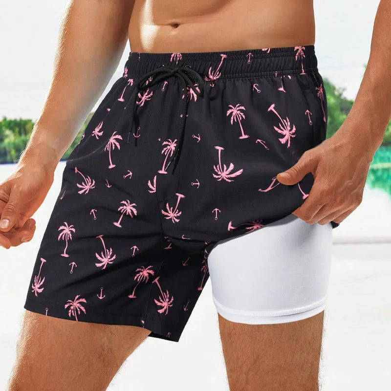 Men's floral pattern swimming trunks with loose boxer style and quick-dry fabric