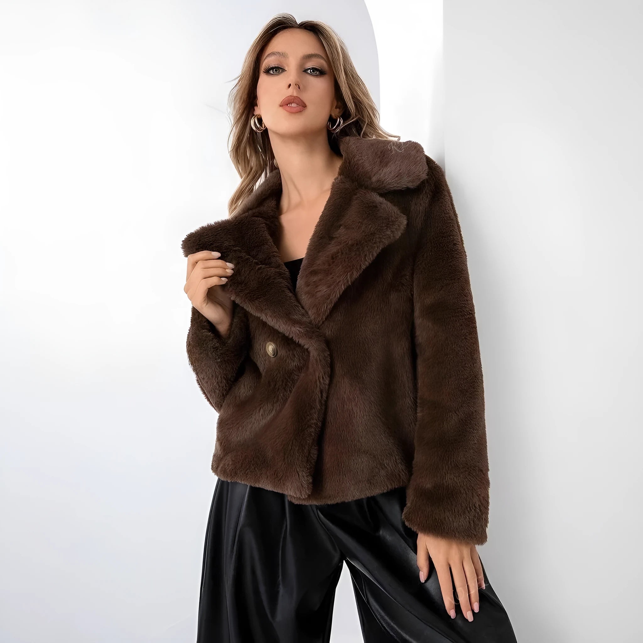 Women's loose short faux fur coat in rose red on a hanger, showing regular sleeves and textured fabric.