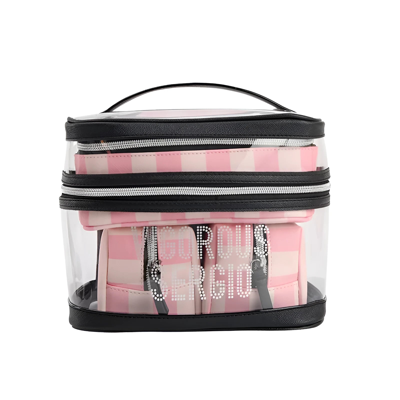 Pink bold stripes floral pattern makeup bag with synthetic leather waterproof construction