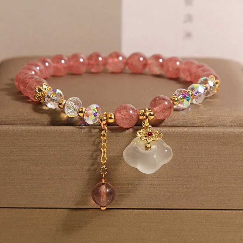 Women's natural strawberry quartz and white agate crystal bracelet with auspicious cloud pattern on elastic string