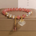 Women's natural strawberry quartz and white agate crystal bracelet with auspicious cloud pattern on elastic string