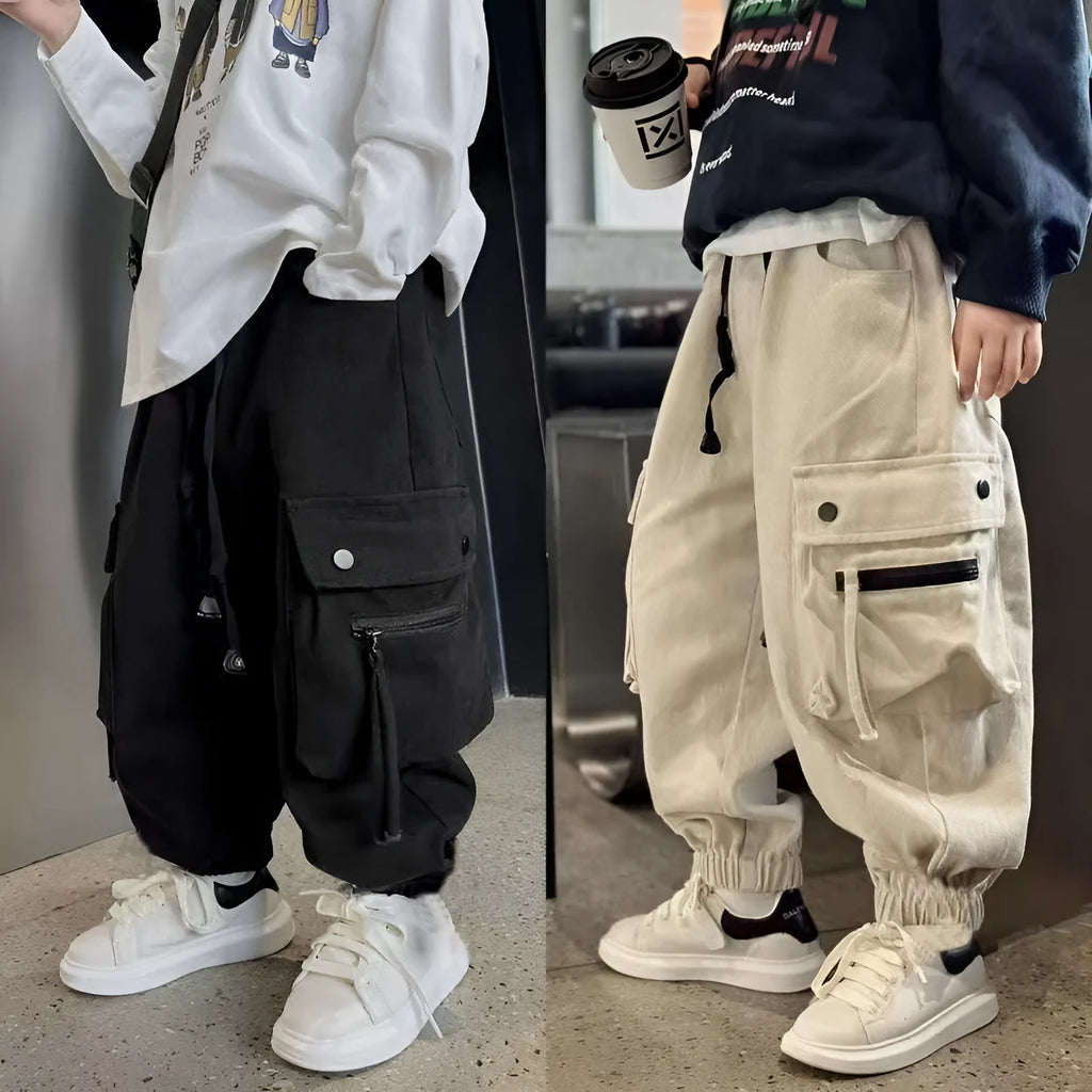 Children's cotton workwear trousers in beige and black, mid waist, for heights 120-170cm