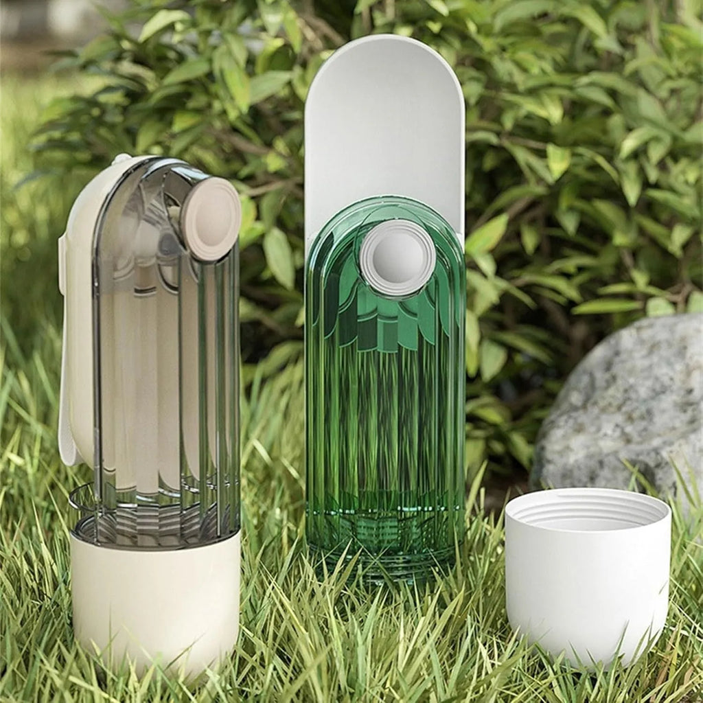 Beige and green foldable leak-proof dog water bottle with food container for outdoor use