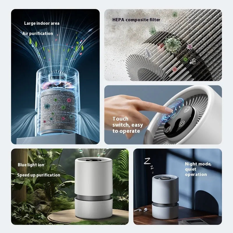White desktop air purifier with USB cable for small room air cleaning