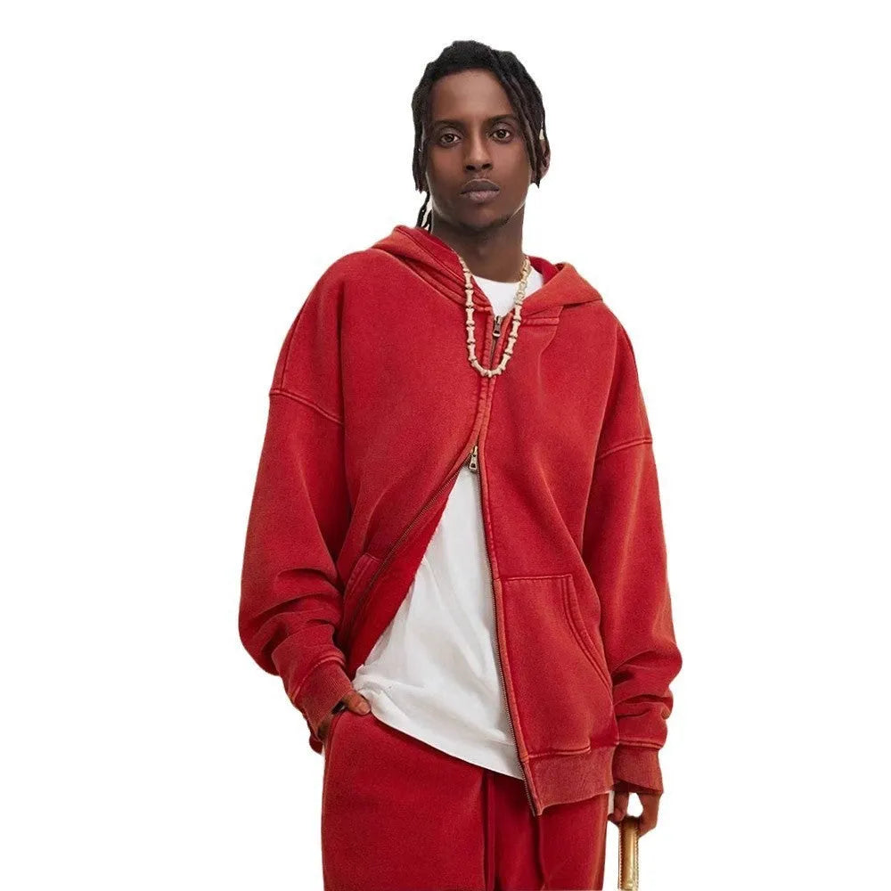 Men's washed vintage hooded cardigan sweater with a double zipper and fleece lining