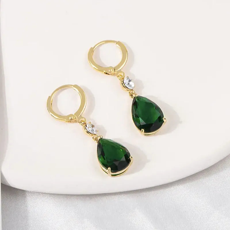 Green geometric teardrop drop earrings with alloy metal construction