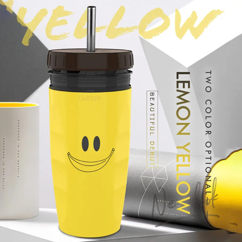 Double wall insulated travel mug with twist top silicone seal showing straw accommodation
