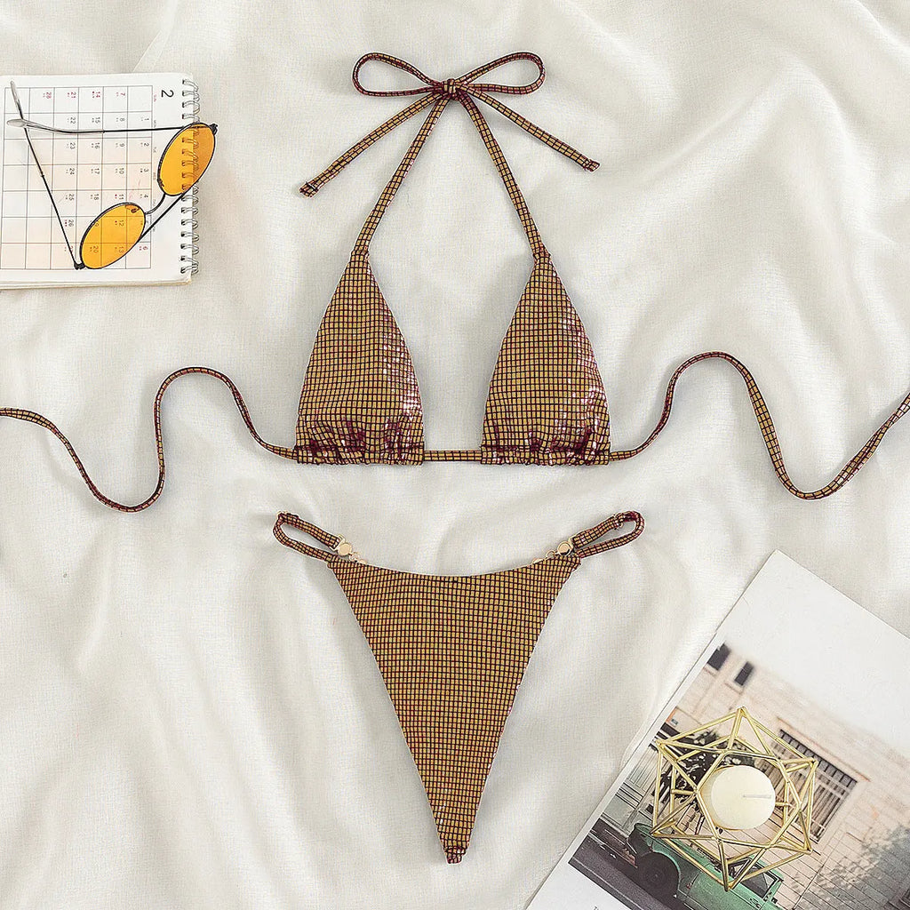 Women's solid colour T-back split bikini in blue, rose red or gold