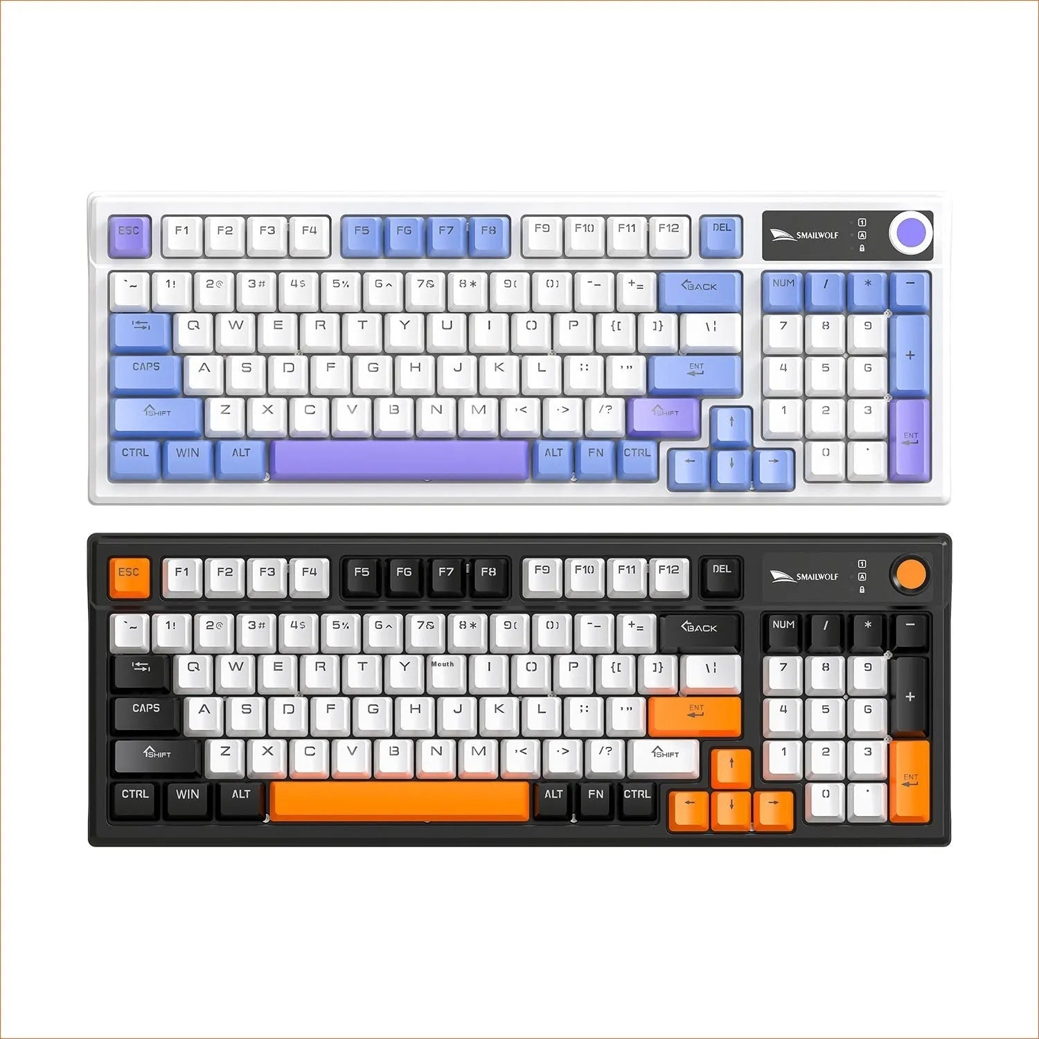 Wired mechanical gaming keyboard with control knob in Black, Sunset Orange, and Autumn Water Blue colour options