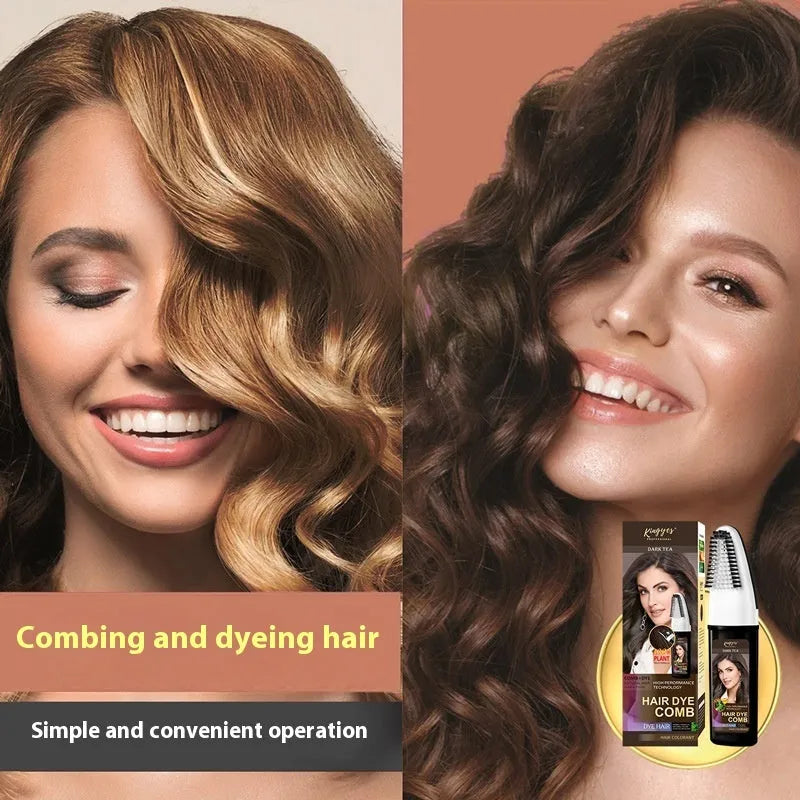 Permanent hair dye kit showing 200ML bottle and easy application comb in choice of Brown, Wine Red, or Dark Brown shade.