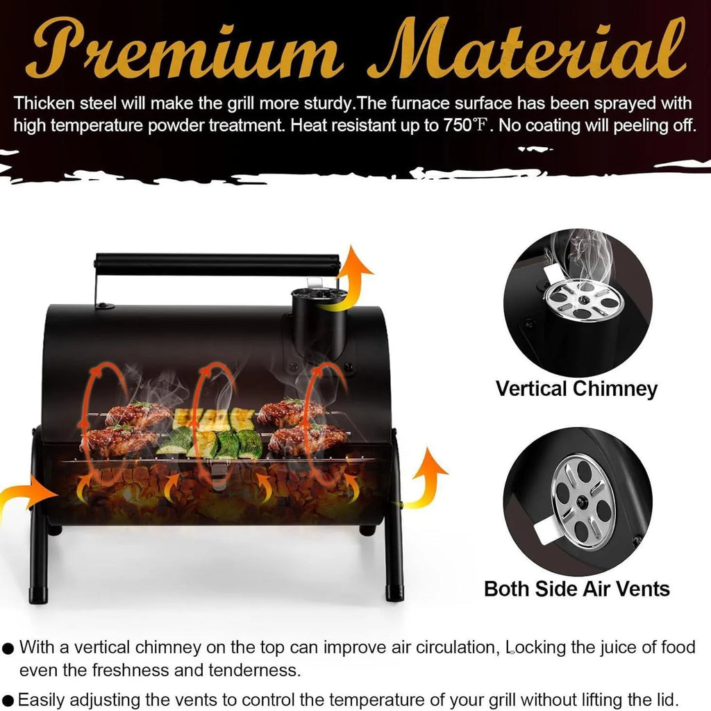 Small metal folding desktop charcoal barbecue with a grill