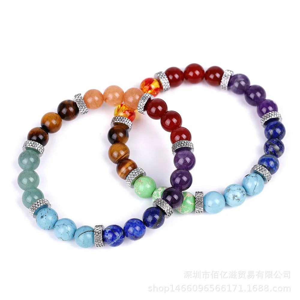 Natural stone colorful chakra energy yoga bracelet on wrist