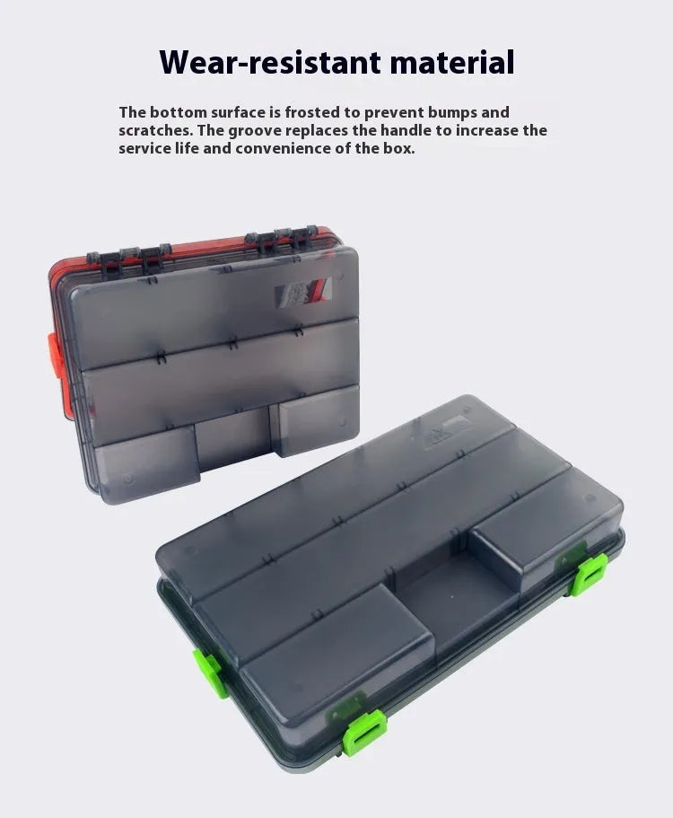 Blue plastic fishing lure storage box with compartments, shown next to a green box of the same design.