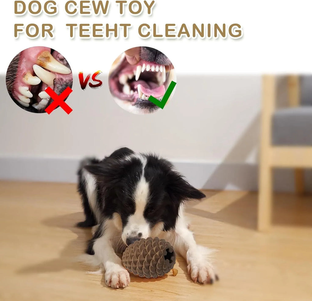 Natural rubber pine cone shaped dog chew toy with treat dispenser hole