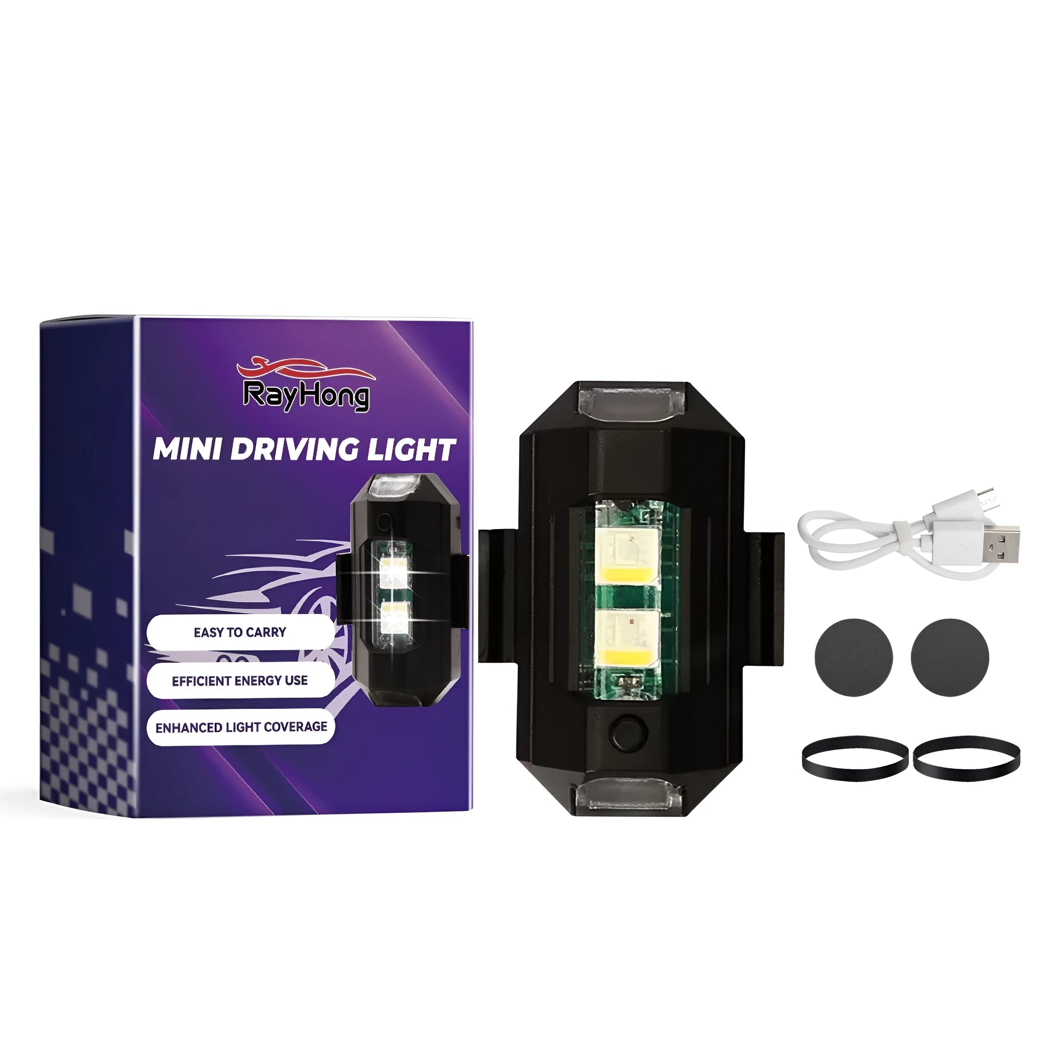 Mini Driving Light unit with USB cable, rubber bands, and adhesive stickers for mounting