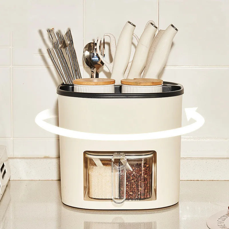 White rotating kitchen storage bucket with an integrated four-section spice box for cutlery and seasoning organisation.