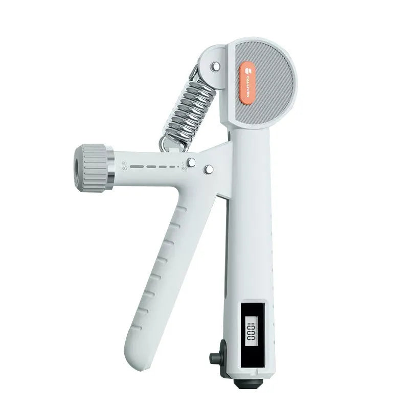Adjustable spring grip strength trainer in three colour options showing ABS plastic construction