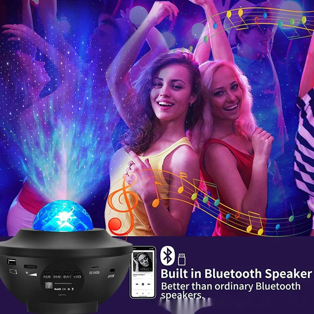 Small black bowl-shaped starry sky projection lamp with rotating water ripple laser effects on desk