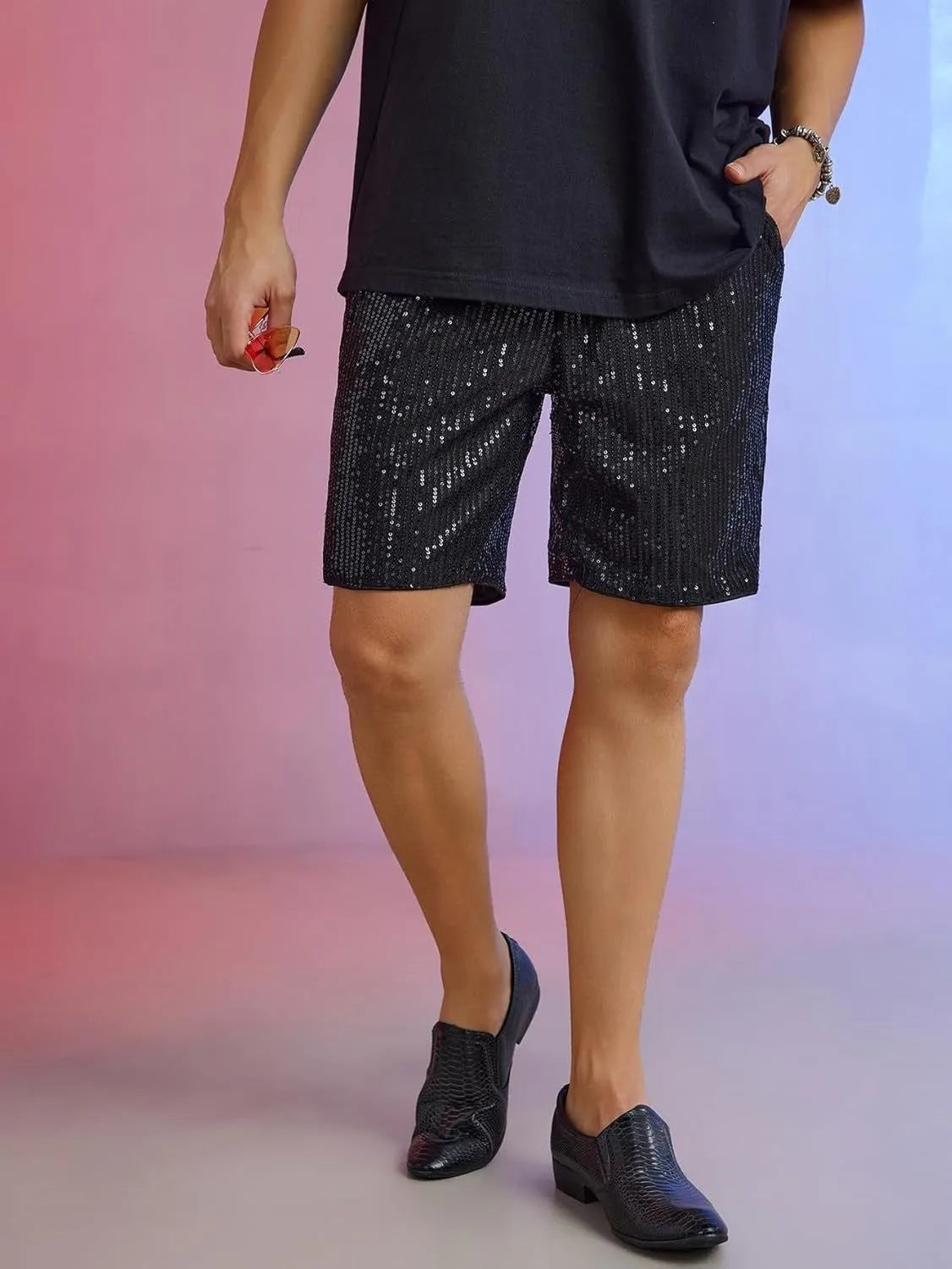 Men's straight cut shorts with sequin details in cotton blend fabric, silver and black colours