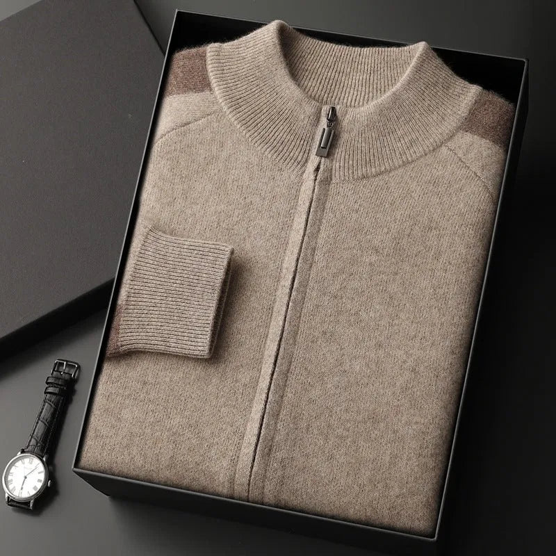 Men's navy blue cashmere half turtleneck knitted cardigan suit with matching trousers for winter leisure wear