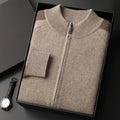 Men's navy blue cashmere half turtleneck knitted cardigan suit with matching trousers for winter leisure wear