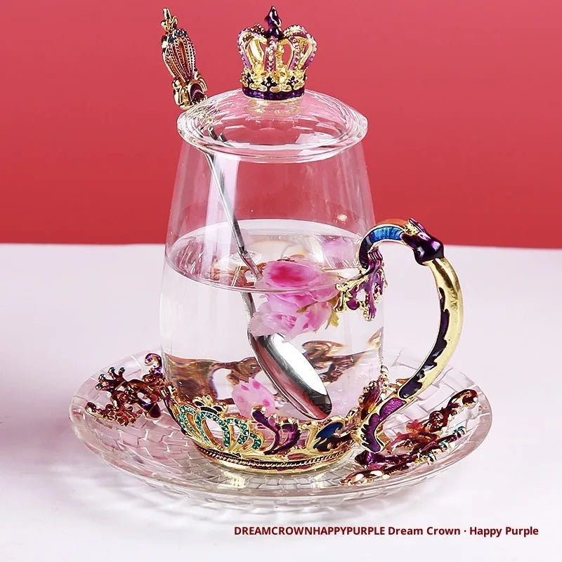 Household enamel cup crown flower tea cup set with heat-resistant glass cup, spoon, lid, and plate, round shape, 301-400ml