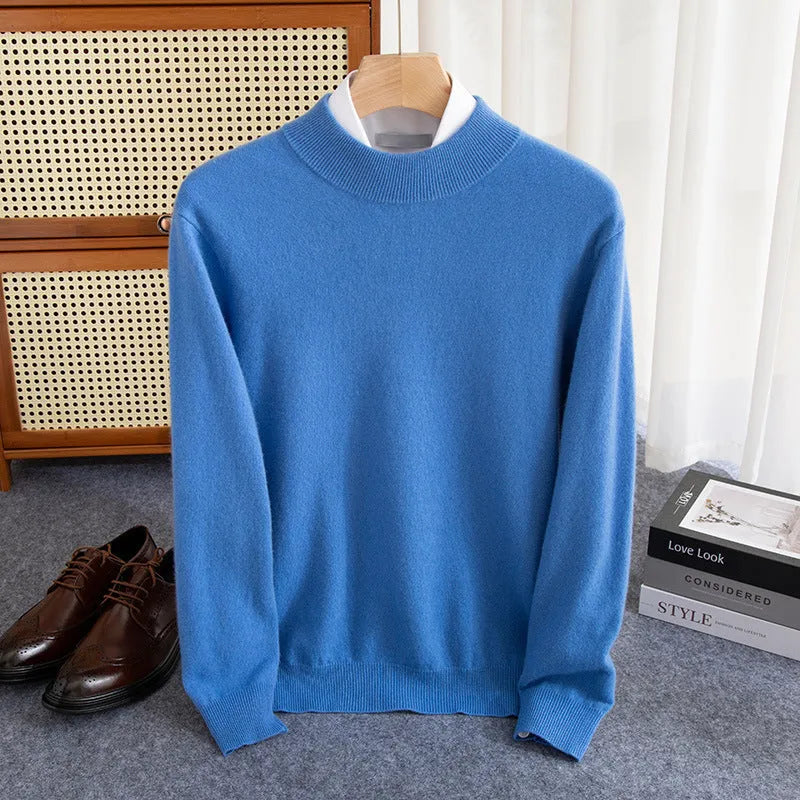 Men's half-collar wool sweater in loose fit showing half-turtleneck collar and regular sleeve design.