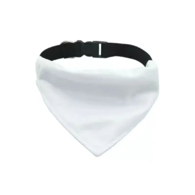 White adjustable polyester dog scarf designed for thermal transfer customisation with four size options