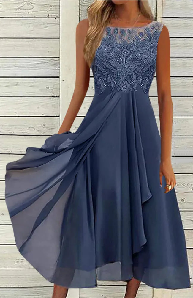Women's sleeveless chiffon dress with lace hollow-out stitching in blue, green, or purple.