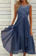 Women's sleeveless chiffon dress with lace hollow-out stitching in blue, green, or purple.